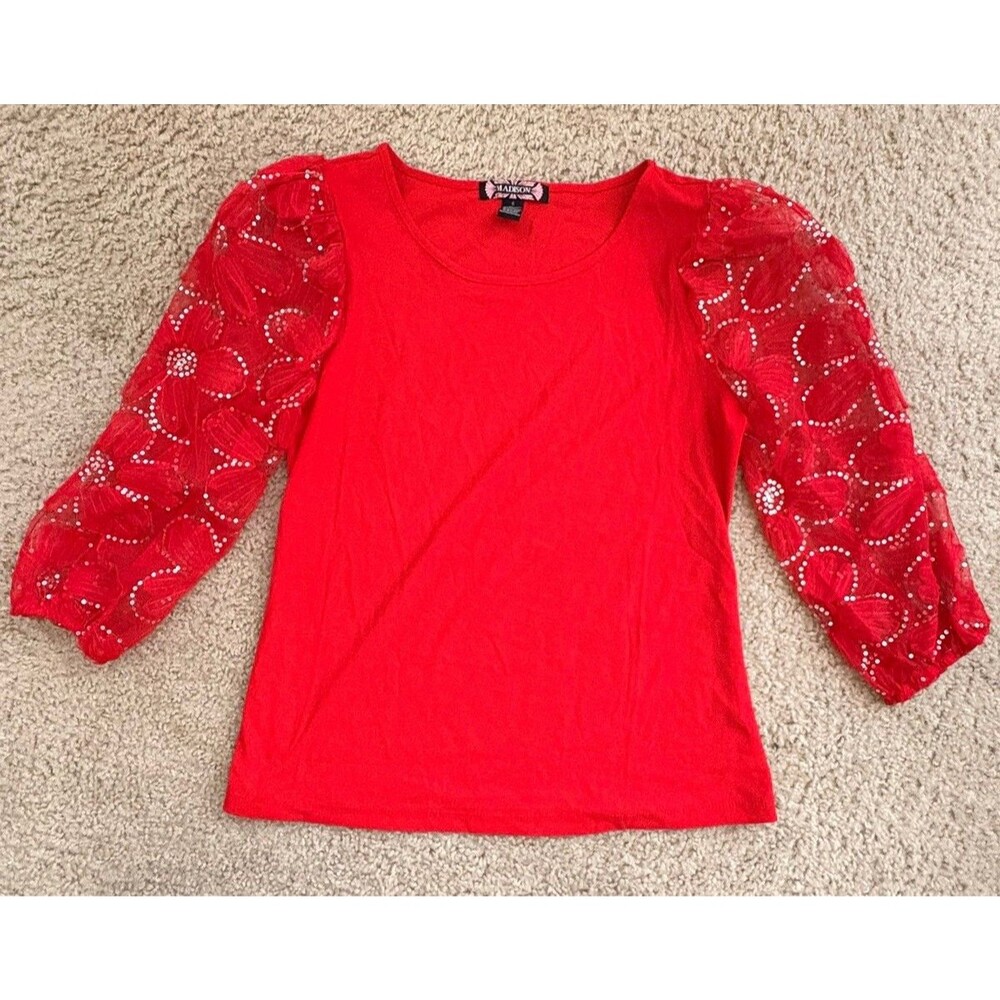 Madison Women’s Red Sheer Sequin Floral Sleeve Top Size S